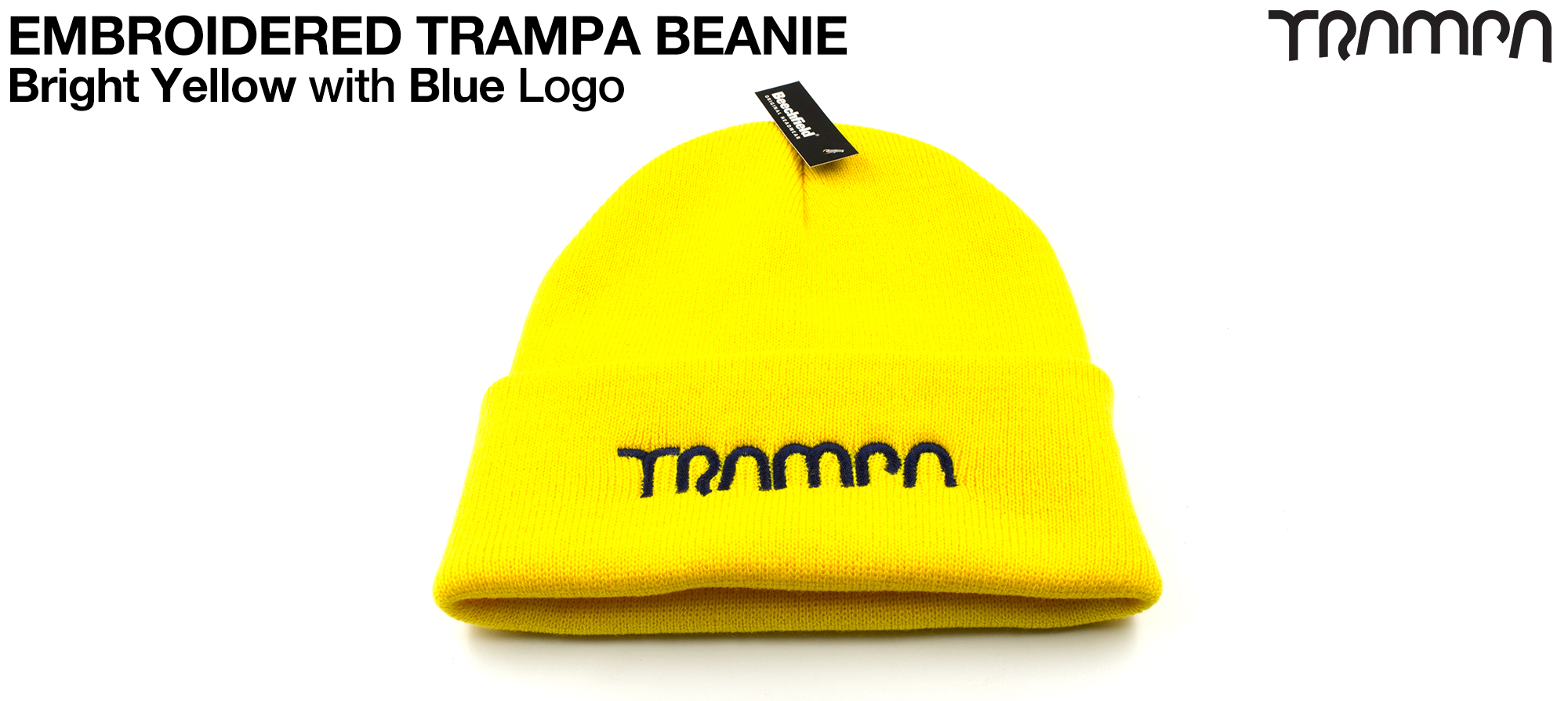Bright YELLOW Woolly hat with Electric BLUE Embroidered TRAMPA logo - Double thick turn over for extra warmth