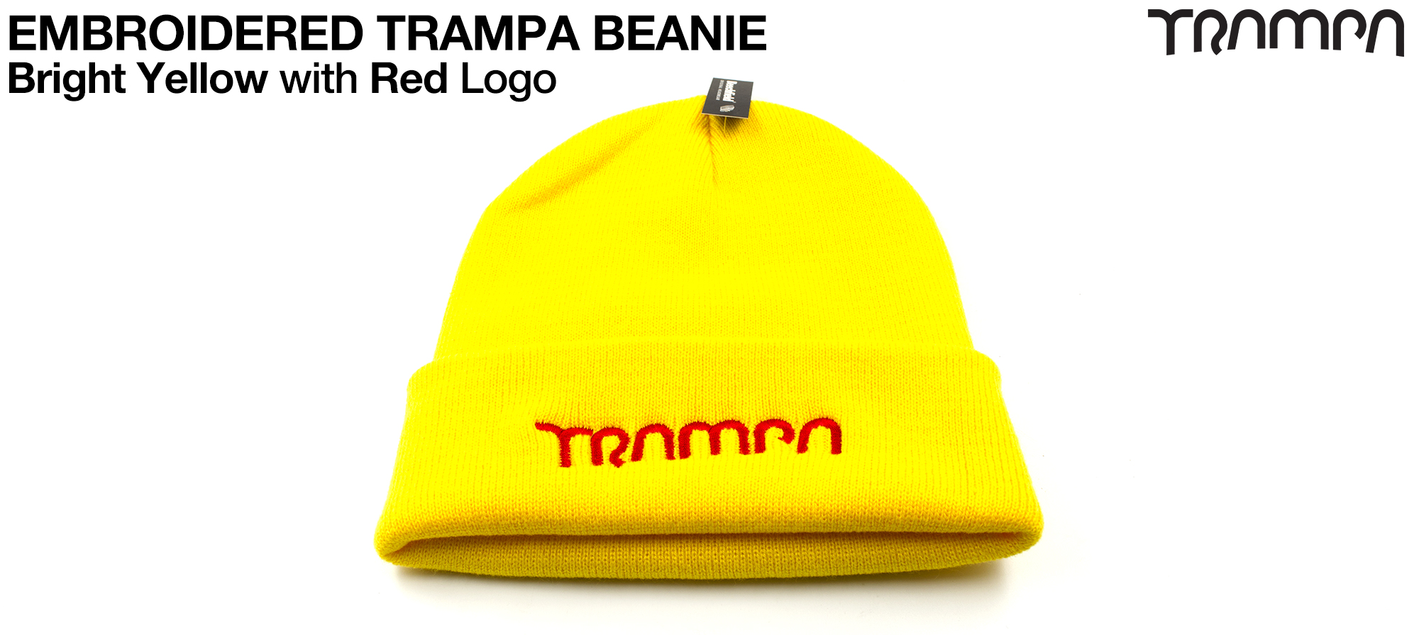 Bright YELLOW Woolly hat with Electric RED Embroidered TRAMPA logo - Double thick turn over for extra warmth