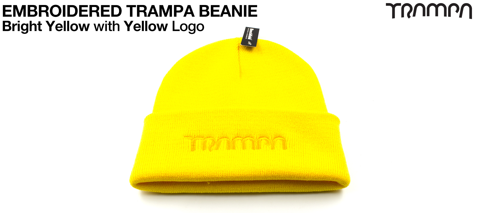 Bright YELLOW Woolly hat with Electric YELLOW Embroidered TRAMPA logo - Double thick turn over for extra warmth