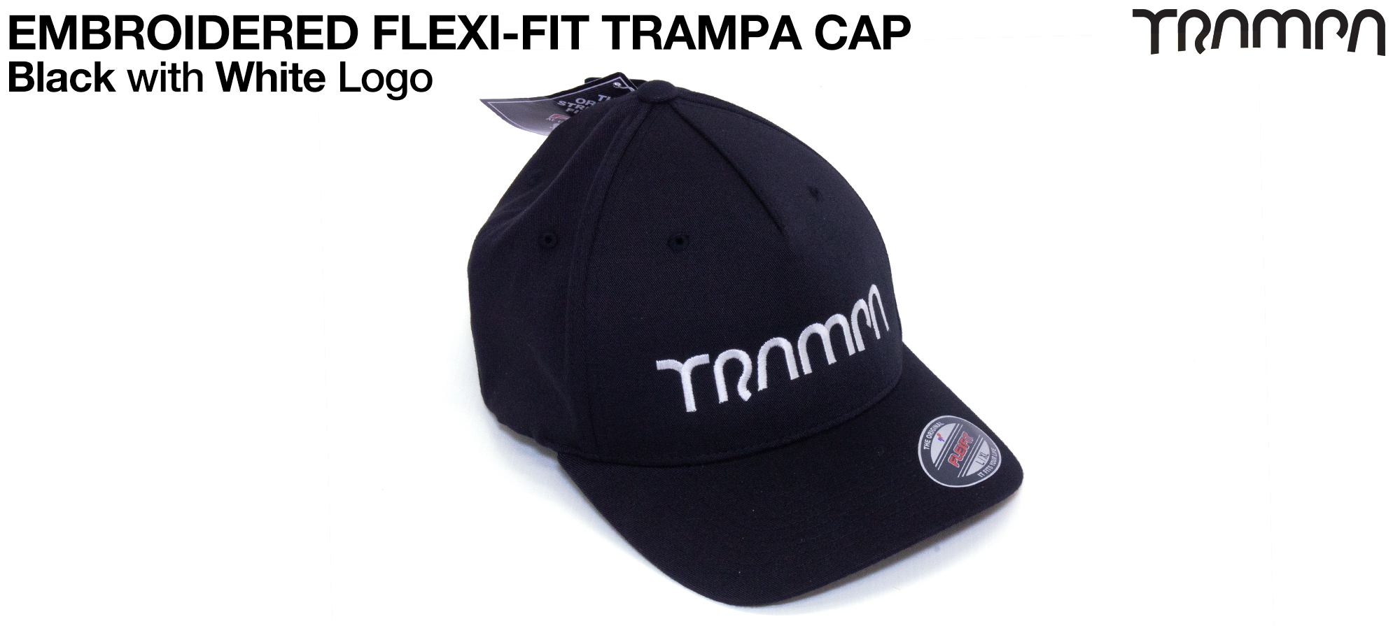 BLACK with WHITE Embroidered TRAMPA logo 5 Panel FLEXI-FIT Cap - SMALL / MEDIUM