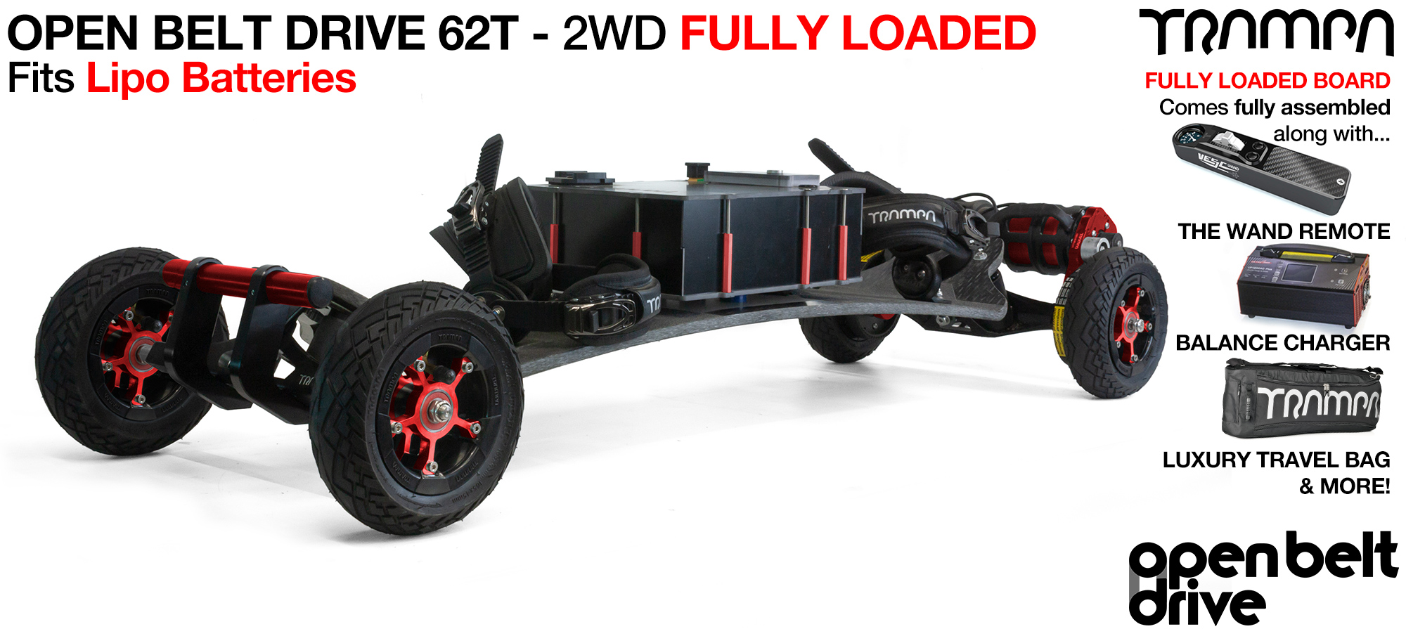 2WD 66T Open Belt Drive TRAMPA Electric Mountainboard with 6 Inch URBAN TREADs Wheels & 62 Tooth Pulleys - FULLY LOADED DOUBLE STACK Li-Po