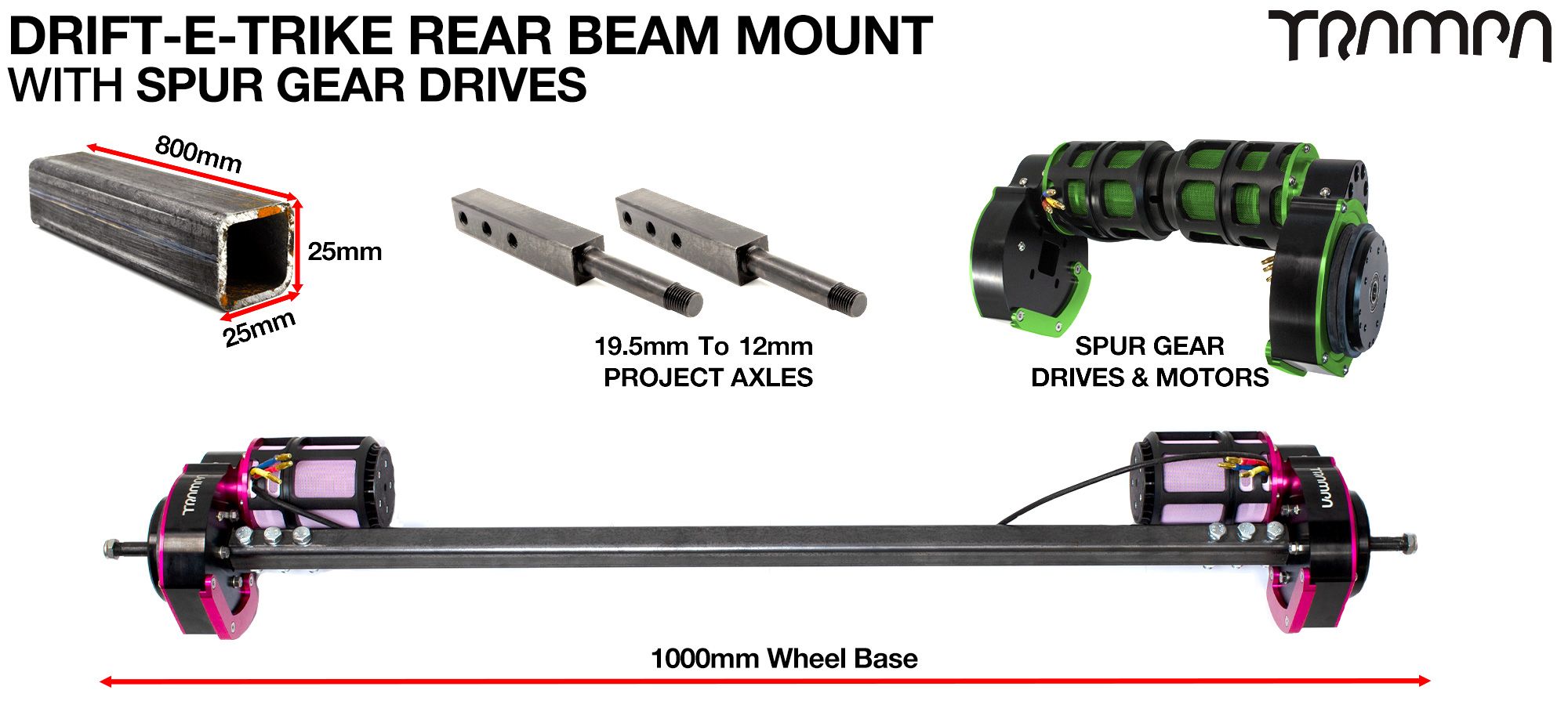 DRIFT-E TRIKE - REAR BEAM SPUR GEAR DRIVE Assembled Drivetrain 