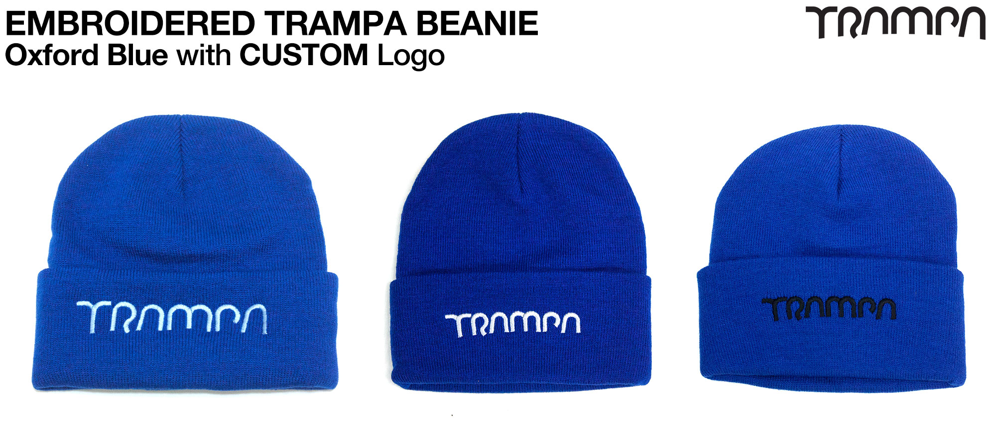 OXFORD BLUE Beanie hat with EMBROIDERED TRAMPA logo  - Double thick turn over for extra warmth 