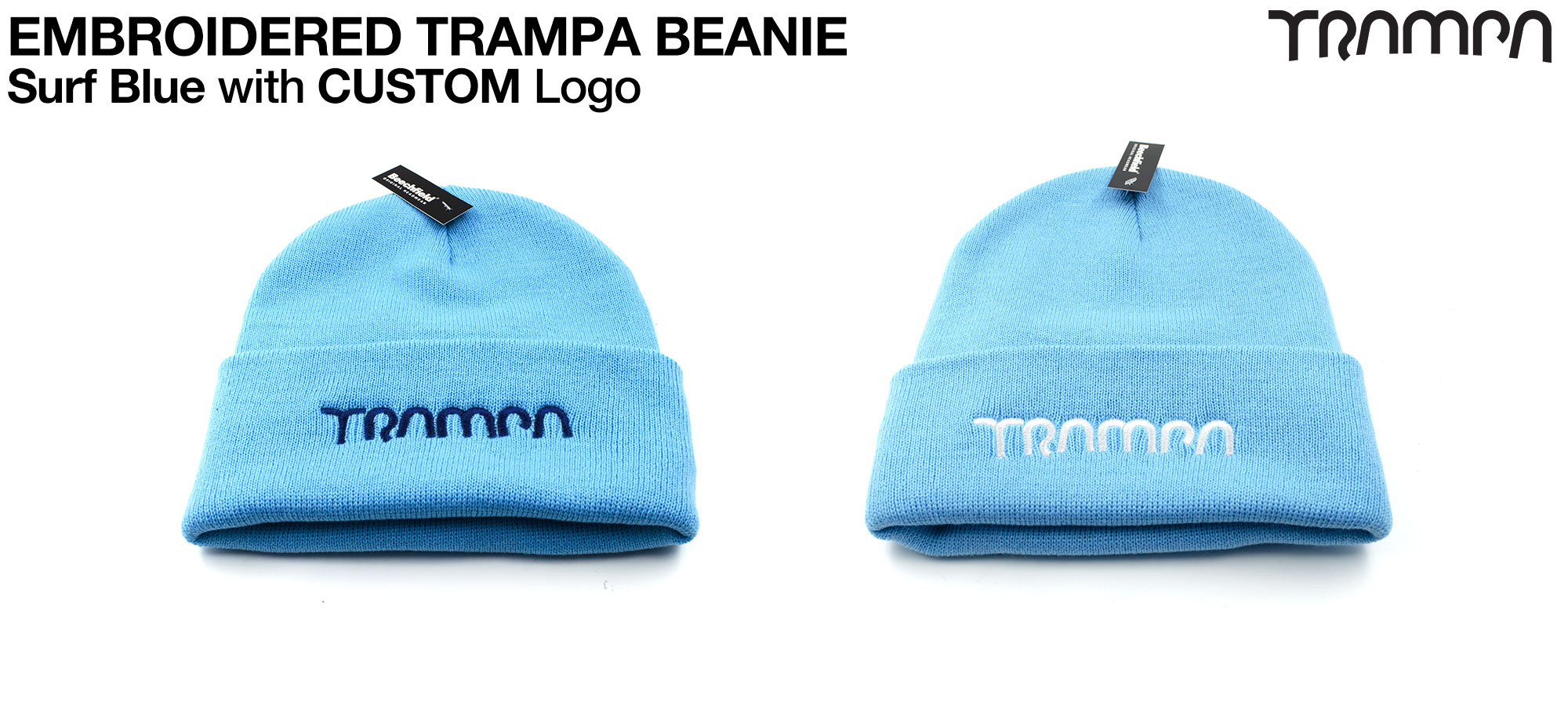 SURF BLUE Beanie hat with EMBROIDERED TRAMPA logo  - Double thick turn over for extra warmth