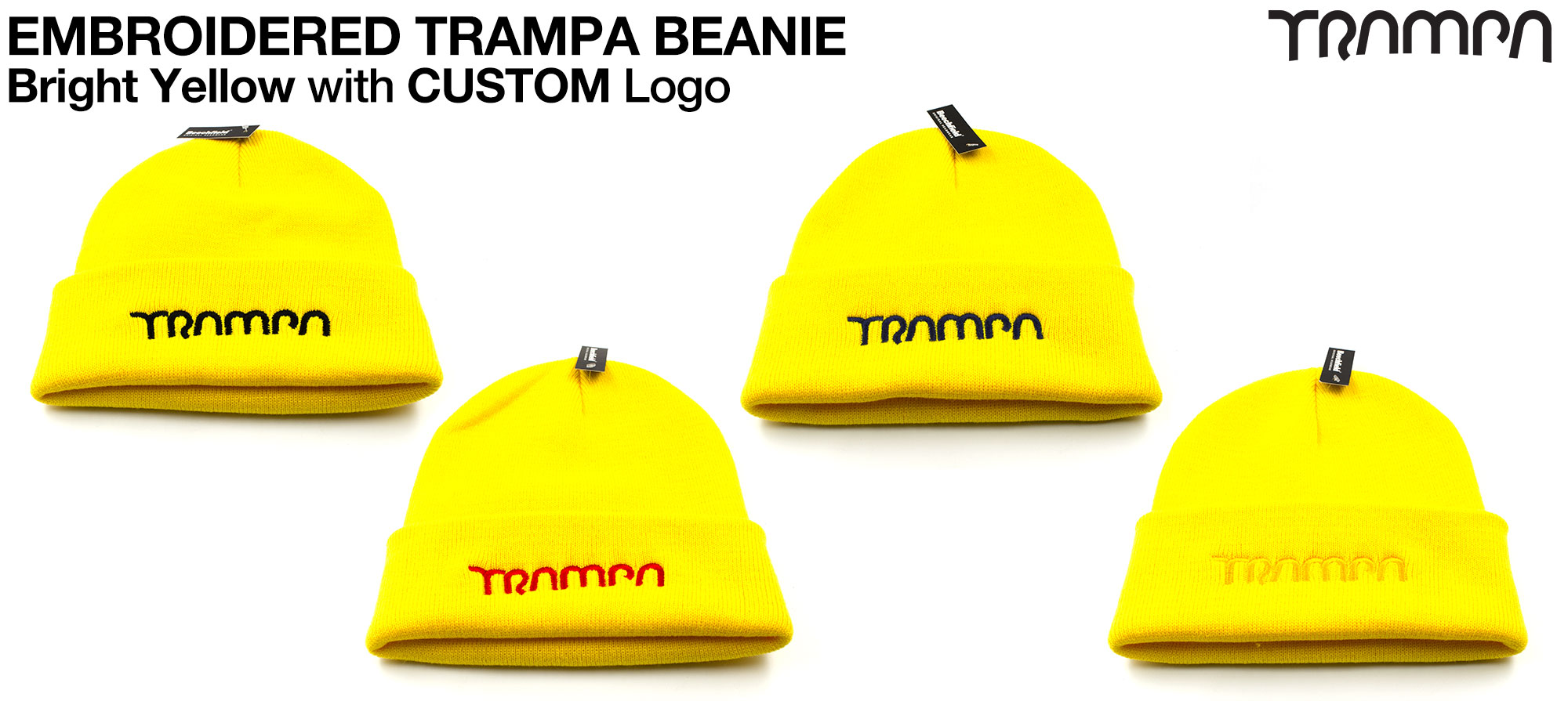 Bright YELLOW Beanie with EMBROIDERED TRAMPA logo - Double thick turn over for extra warmth