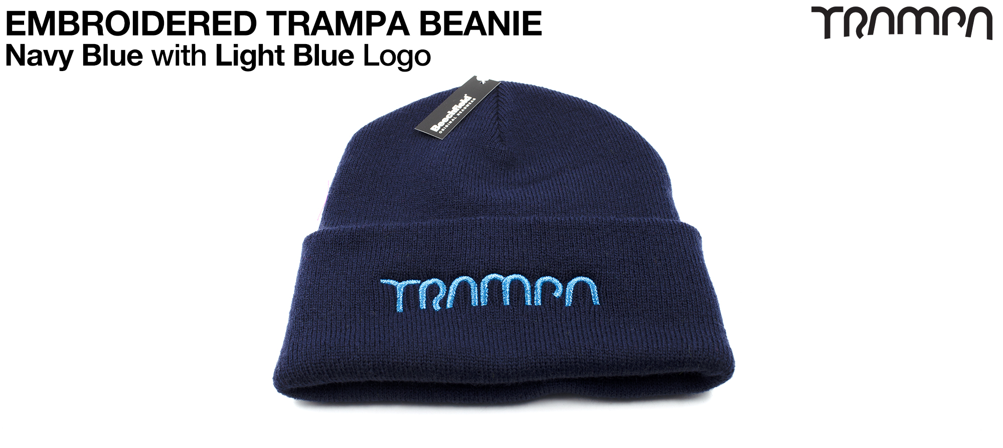 NAVY BLUE Beanie with BLUE TRAMPA logo  - Double thick turn over for extra warmth 