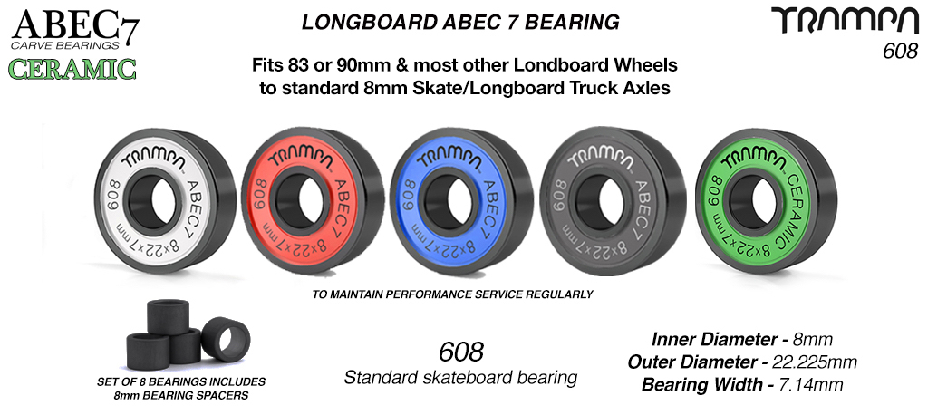 R608 8mm Axle Longboard or Skateboard ABEC 7 Bearings with Spacers 8x 8x22x7mm 608 