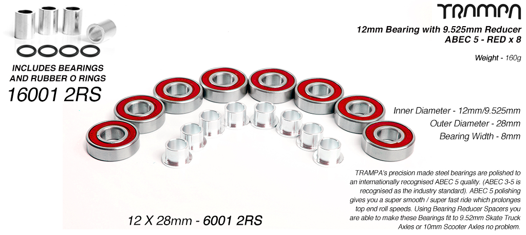 RED 12mm ATB Bearings - 12mm x 28mm axle ABEC 5 rated with conversion spacers x8