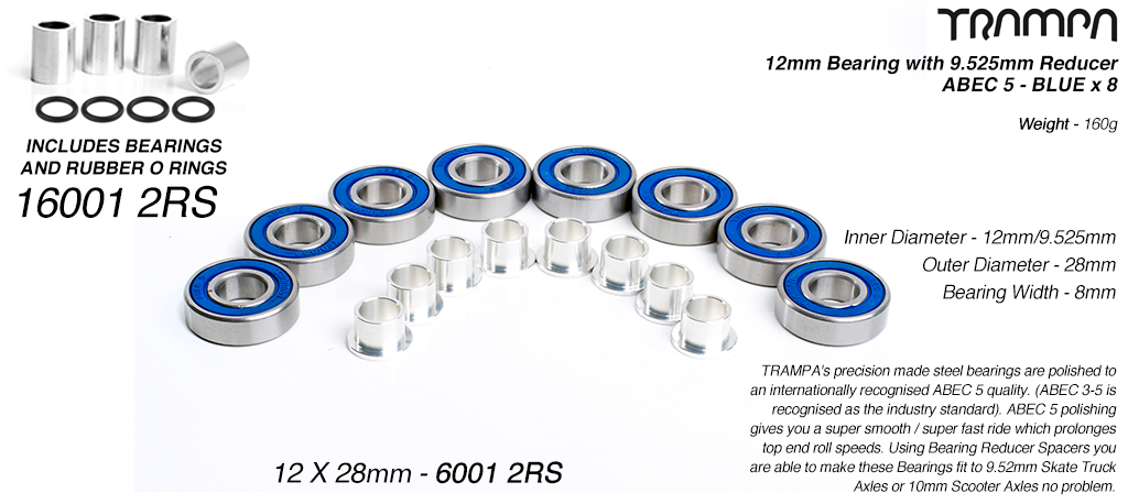 12mm Bearings - 12mm x 28mm axle ABEC 5 rated with conversion spacer x8