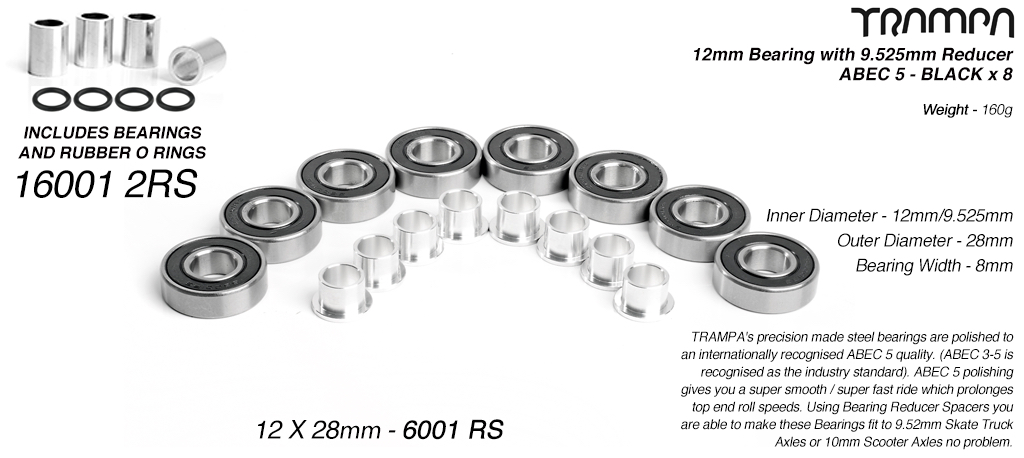 BLACK 12mm ATB Bearings - 12mm x 28mm axle ABEC 5 rated with conversion spacers x8