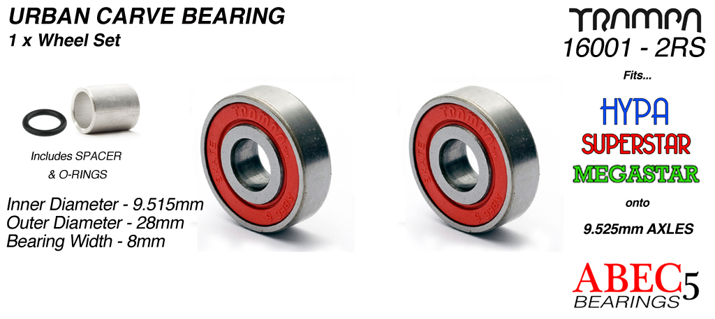 9.525mm Bearings - 9.55mm x 28mm (3/8ths UNC imperial) axle ABEC 5 rated RED x 2 
