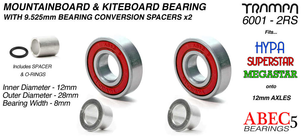 RED 12mm ATB Bearings - 12mm x 28mm axle ABEC 5 rated with conversion spacers x 2  