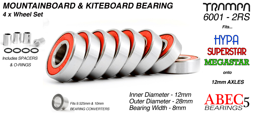 12mm Bearings - 12mm x 28mm axle ABEC 5 rated RED Rubber Sealed sidewalls 4x wheels