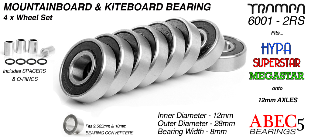 12mm Bearings - 12mm x 28mm axle ABEC 5 rated BLACK Rubber Sealed Sidewalls x4 Wheels