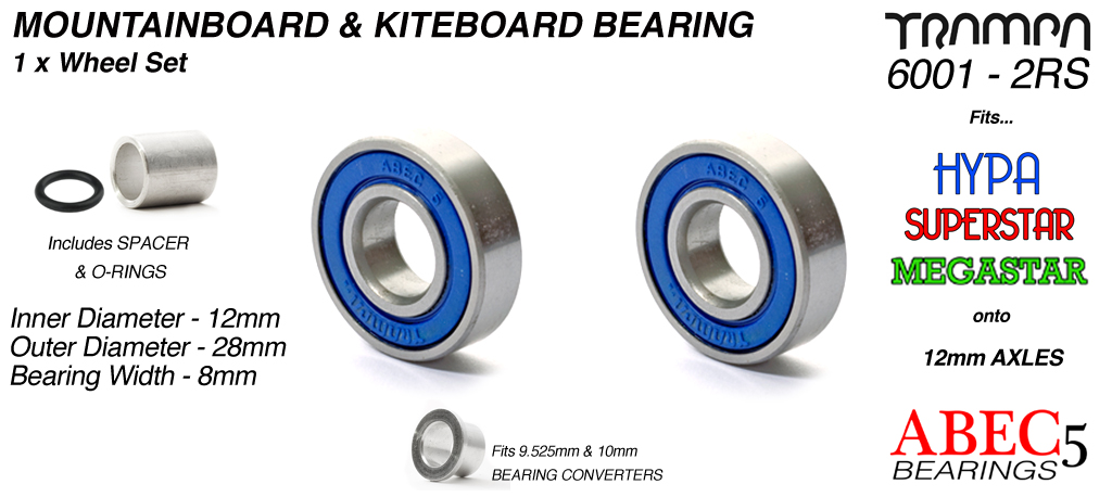 12mm Bearings - 12mm x 28mm axle ABEC 5 rated BLUE Rubber Sealed Sidewalls x1 Wheel