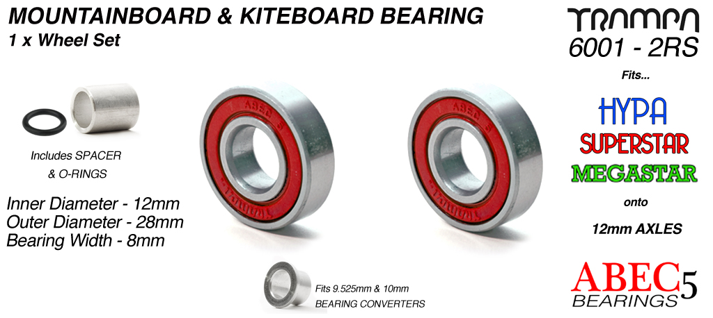 12mm Bearings - 12mm x 28mm axle ABEC 5 rated RED Rubber Sealed Sidewalls x1 Wheel