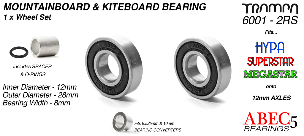 12mm Bearings - 12mm x 28mm axle ABEC 5 rated BLACK Rubber Sealed Sidewalls x1 Wheel