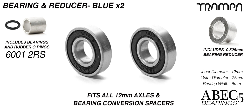 12mm Bearings & 9.525mm Reducers - 12mm x 28mm axle ABEC 5 rated BLACK Rubber Sealed Sidewalls x1 Wheel