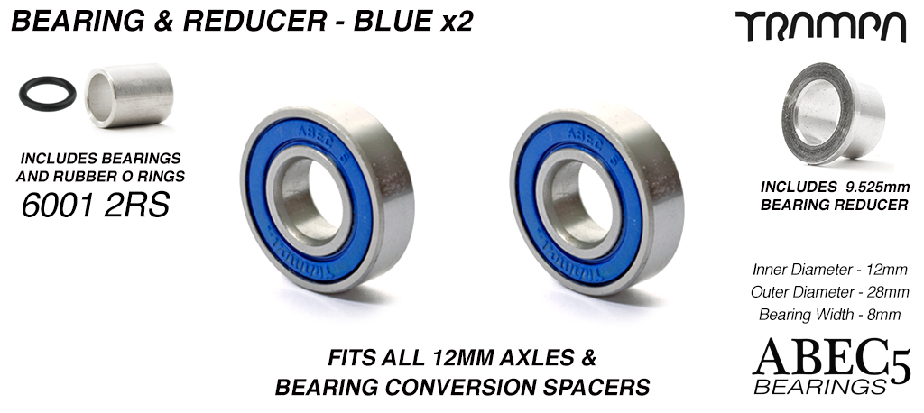12mm Bearings & 9.525mm Reducers - 12mm x 28mm axle ABEC 5 rated BLUE Rubber Sealed Sidewalls x1 Wheel