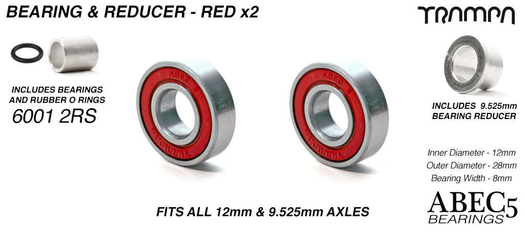 12mm Bearings & 9.525mm Reducers - 12mm x 28mm axle ABEC 5 rated RED Rubber Sealed Sidewalls1x wheel