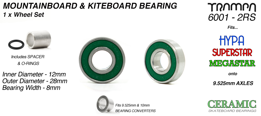 TRAMPA CERAMIC 6001 2RS ATB Bearings with Reducer Sleeves for 9.525mm Axles - 12mm x 28mm axle GREEN Rubber Sealed Sidewalls x1 wheel