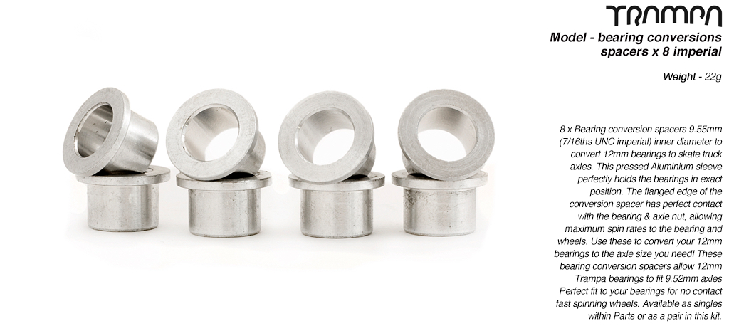 Bearing conversion spacers - fits 12mm Bearings to 9.525mm (3/8ths UNC) Skate axles x 8