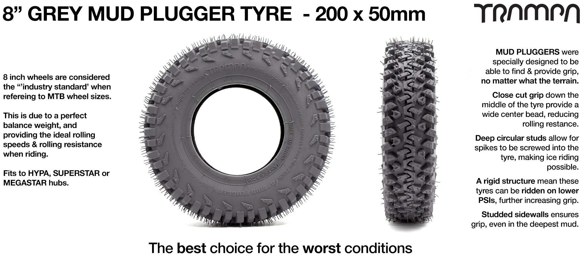TRAMPA MUD-PLUGGER 8 Inch Tyre measure 3.75x 2x 8 Inch or 200x50mm with 3.75 inch Rim fits all 3.75 inch Hubs - GREY
