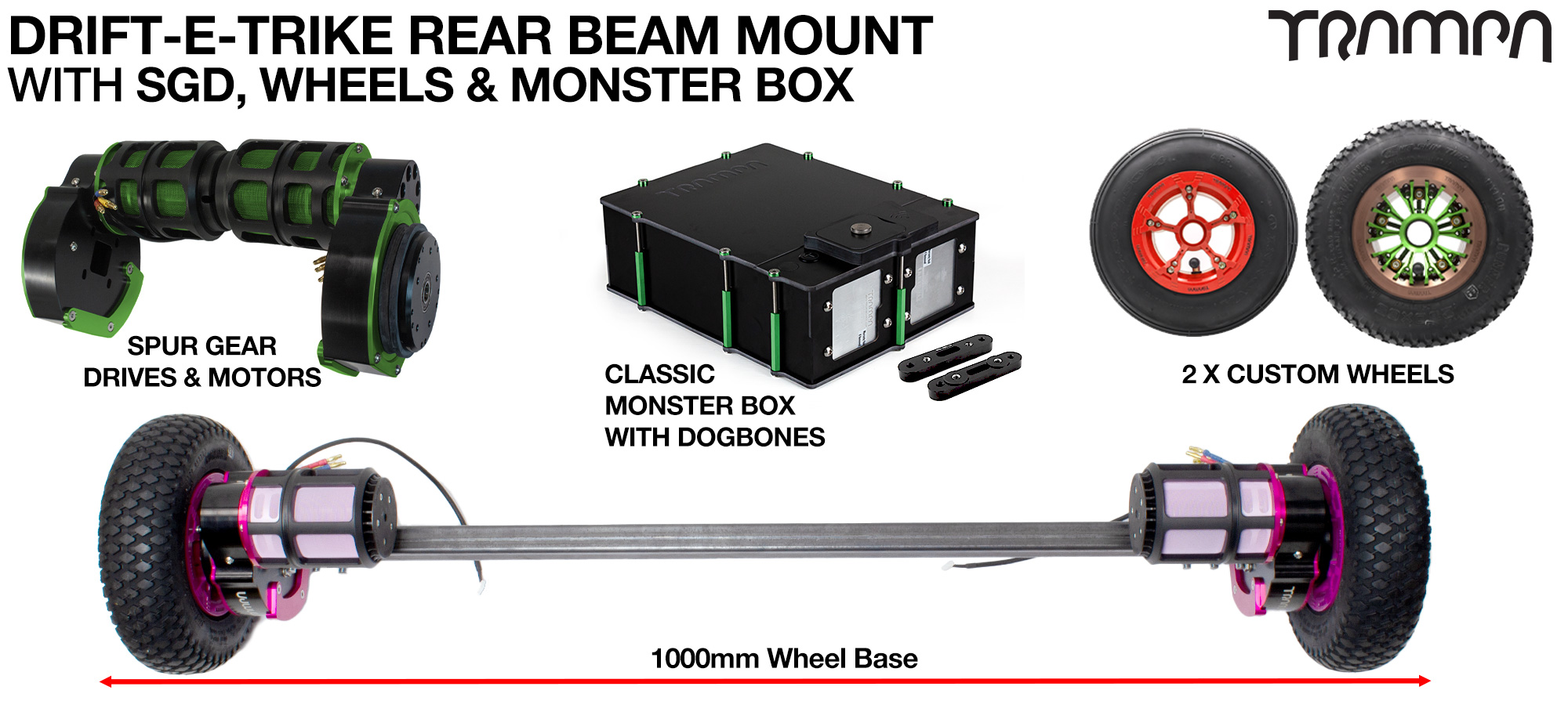 Assembled SPUR GEAR DRIVE REAR BEAM Drivetrain with 2x Rear Wheels & Battery Box
