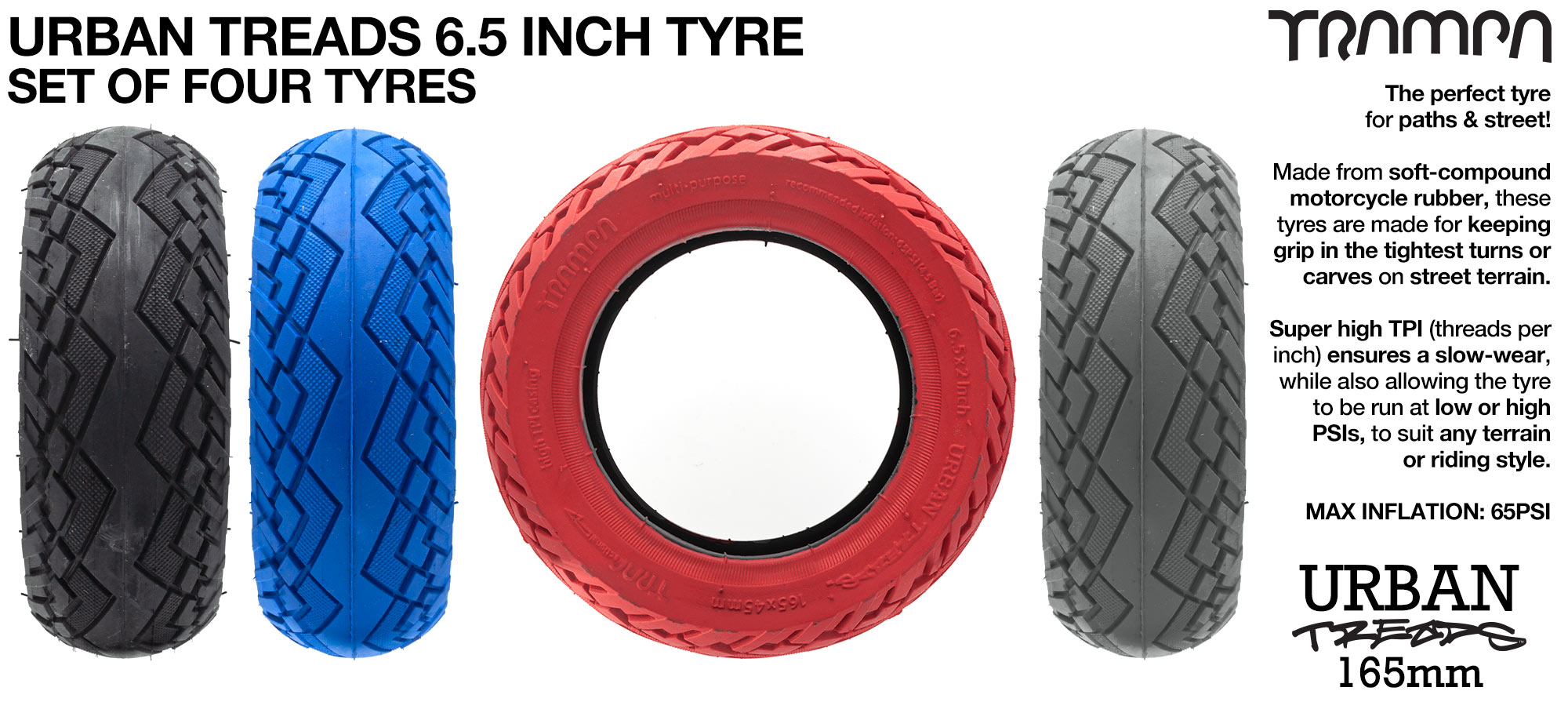 URBAN TREADS 6 Inch Tires measure 3.75x 1.75x 6.5 Inch or 165x 50mm with 3.75 inch Rim & fits all 3.75 inch Hubs - Set of 4 