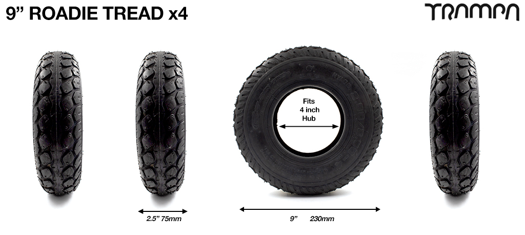 ROADIE COBBLES 9 Inch Tyre measure 4x 2.5x 9 230x75mm with 4 Inch Rim fits all 4 Inch Hubs - Set of 4