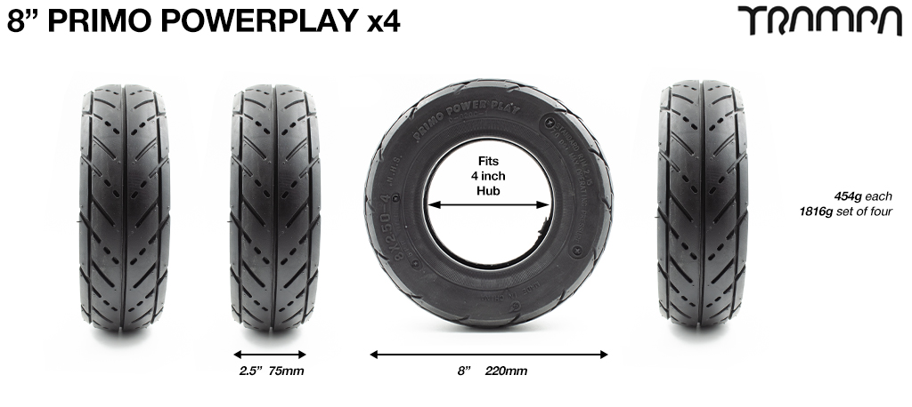 Set of 4 PRIMO POWERPLAY 8 Inch Tyre measure 4x 2.5x 8.5 Inch or 220x75mm with 4 inch rim fits all 4 inch Hubs 