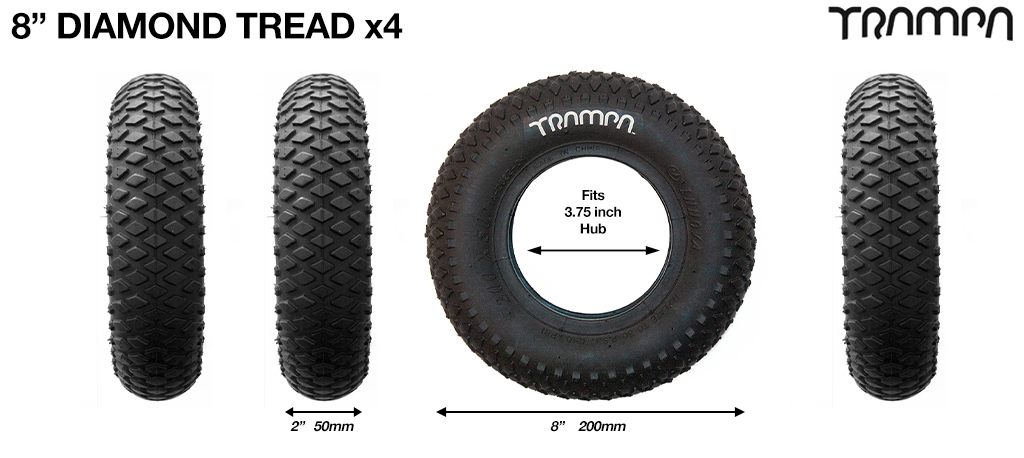 DIAMOND TREAD 8 inch Tyre measure 3.75x 2x 8 Inch or 200x50mm with 3.75 inch Rim fits all 3.75 inch Hubs - Set of 4