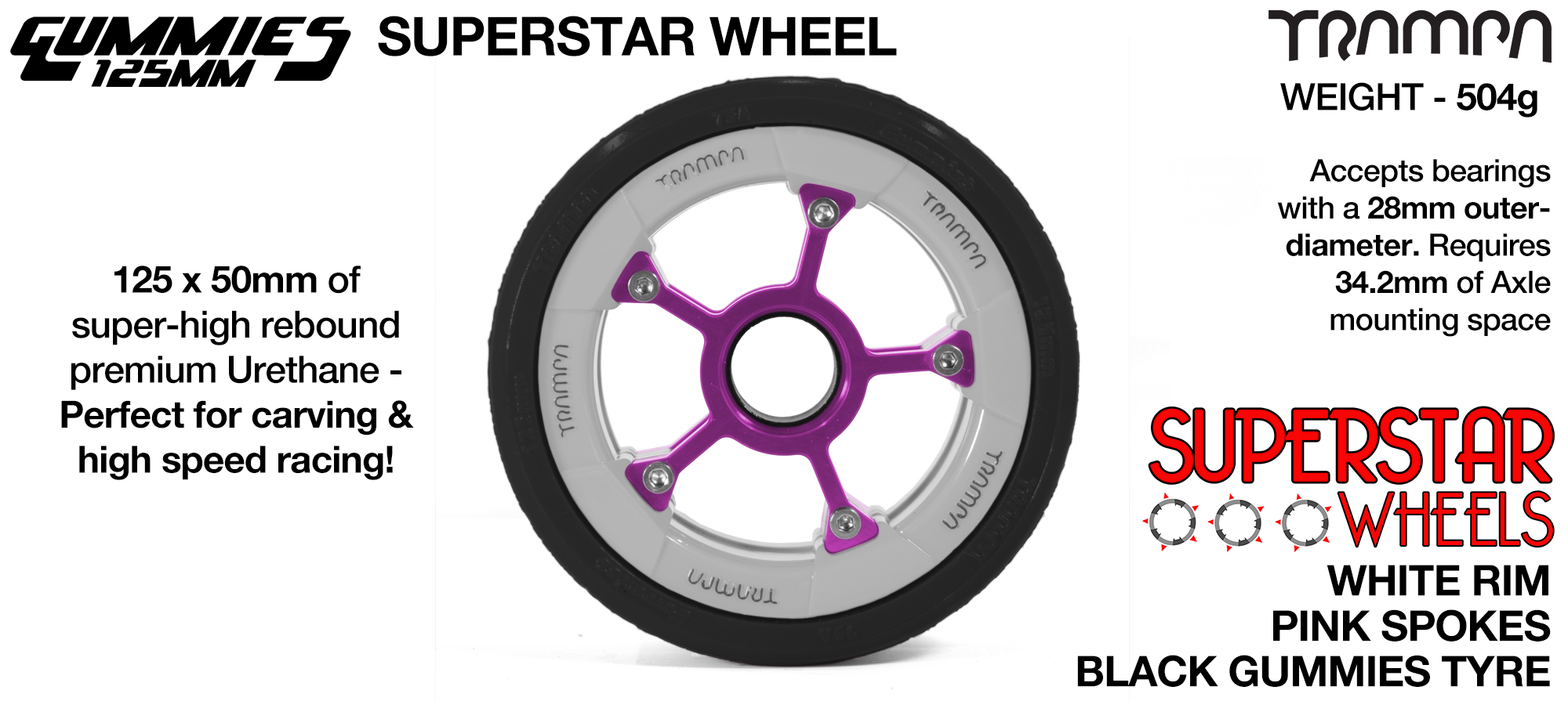 Superstar 125mm Longboard Wheels - GLOSS WHITE with Black logo Superstar Rim with PINK Spokes & BLACK Gummies 125mm Longboard Wheel Tyre 