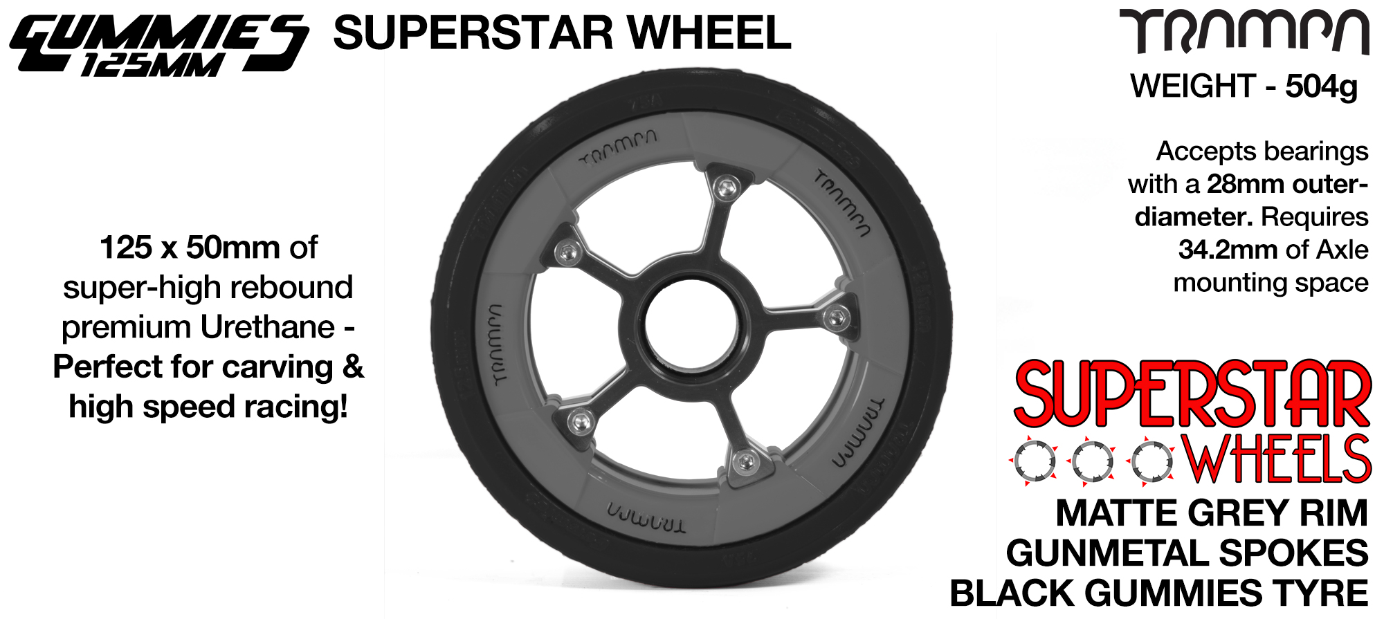 Superstar 125mm Longboard Wheels - Matt GREY Superstar Rim BLACK Spokes with BLACK Gummies TYRE
