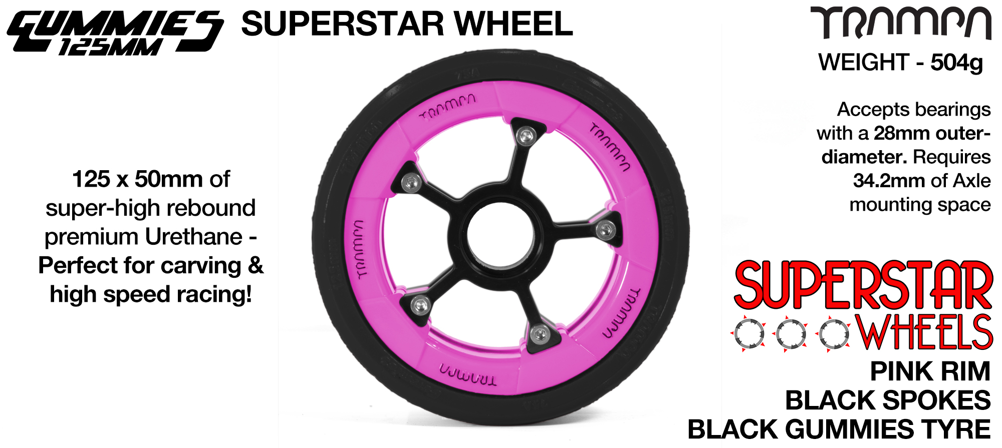Superstar 125mm Longboard Wheels - Matt PINK  Superstar Rim BLACK Spokes with BLACK Gummies TYRE 