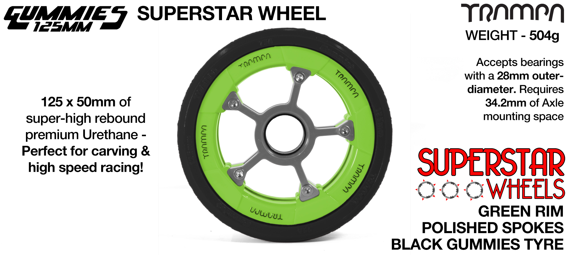 Superstar 125mm Longboard Wheels - GREEN Superstar Rim SILVER Spokes with BLACK Gummies 