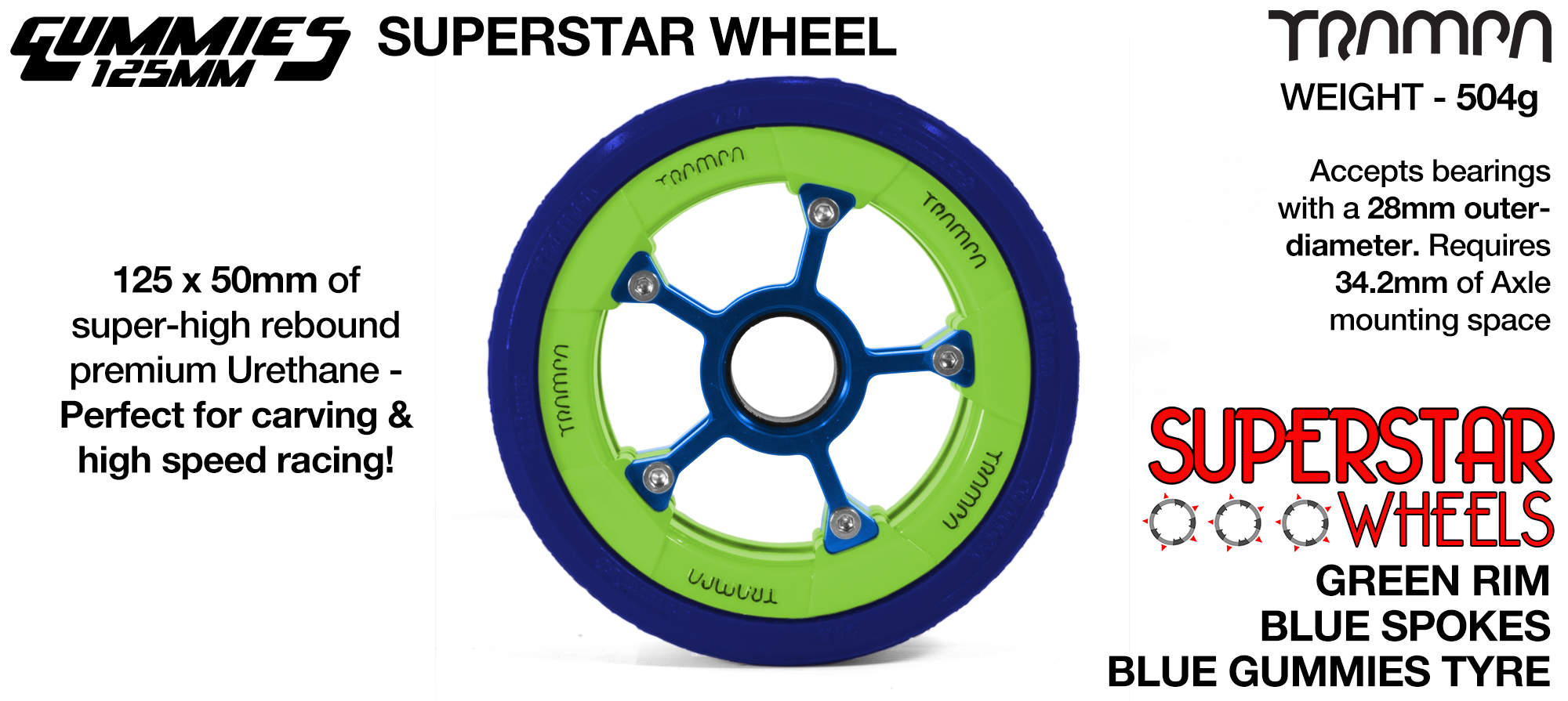 Superstar 125mm Longboard Wheels - GREEN Superstar Rim BLUE Spokes with BLUE Gummies 