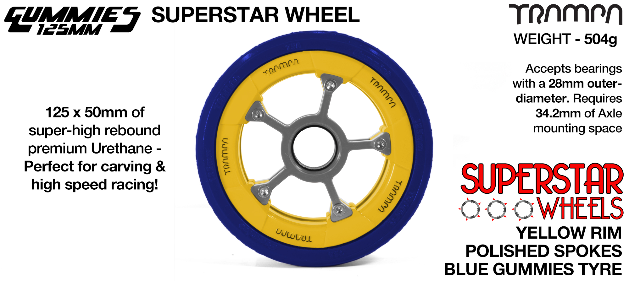 Superstar 125mm Longboard Wheels - GLOSS YELLOW with Black logo Superstar Rim with SILVER Spokes & BLUE Gummies