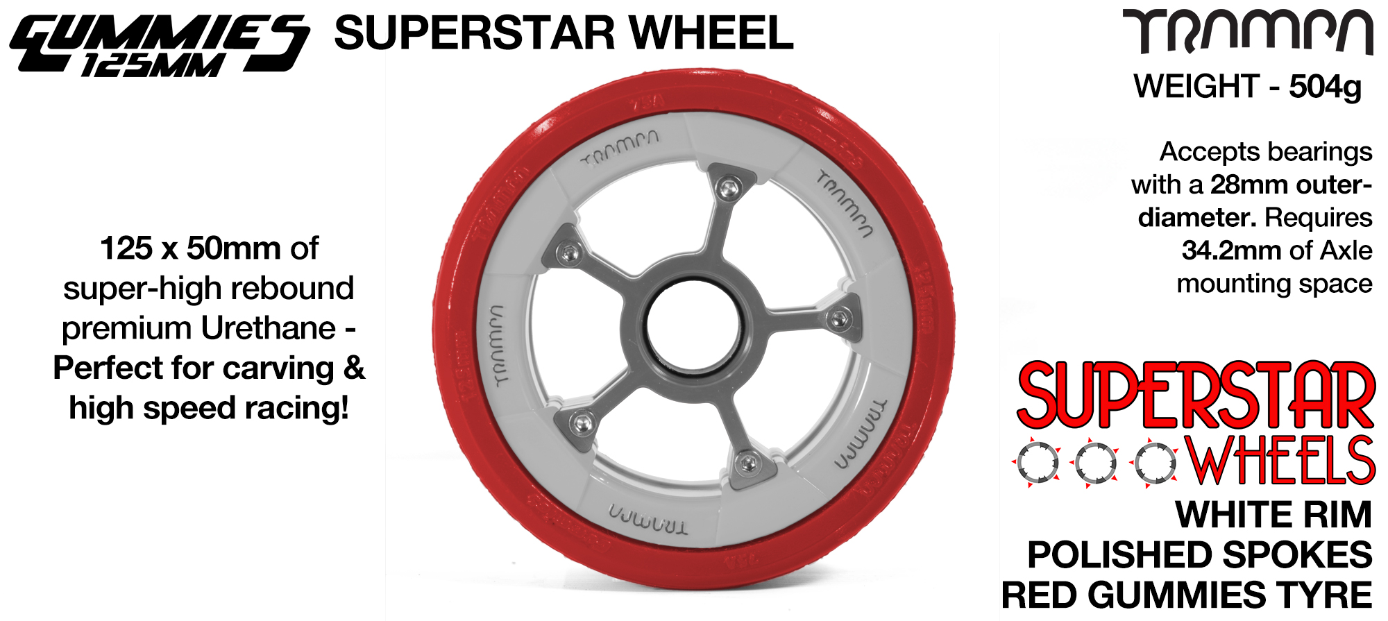 Superstar 125mm Longboard Wheels - GLOSS WHITE with Black logo Superstar Rim with SILVER Spokes & RED Gummies 
