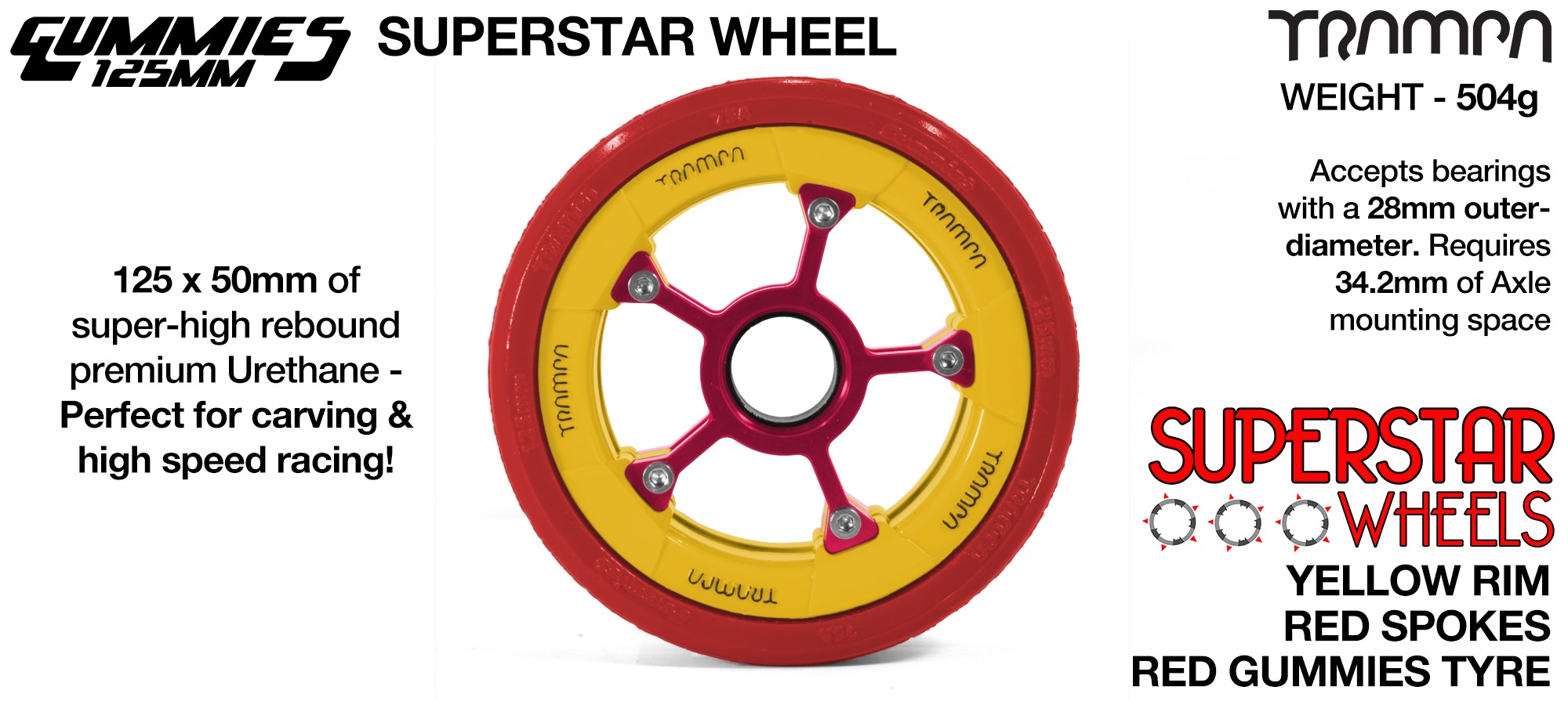 Superstar 125mm Longboard Wheels - GLOSS YELLOW with Black logo Superstar Rim with RED Spokes & RED Gummies 