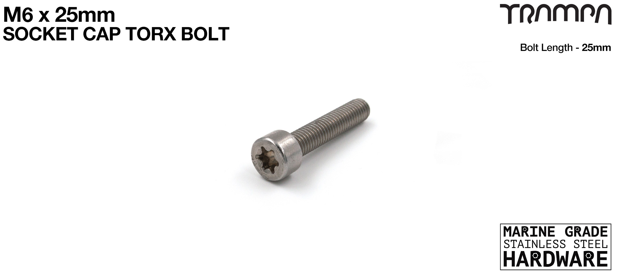 M6 x 25mm TORX Socket Capped TORX Head Bolt ISO 4762 Marine Grade Stainless Steel 