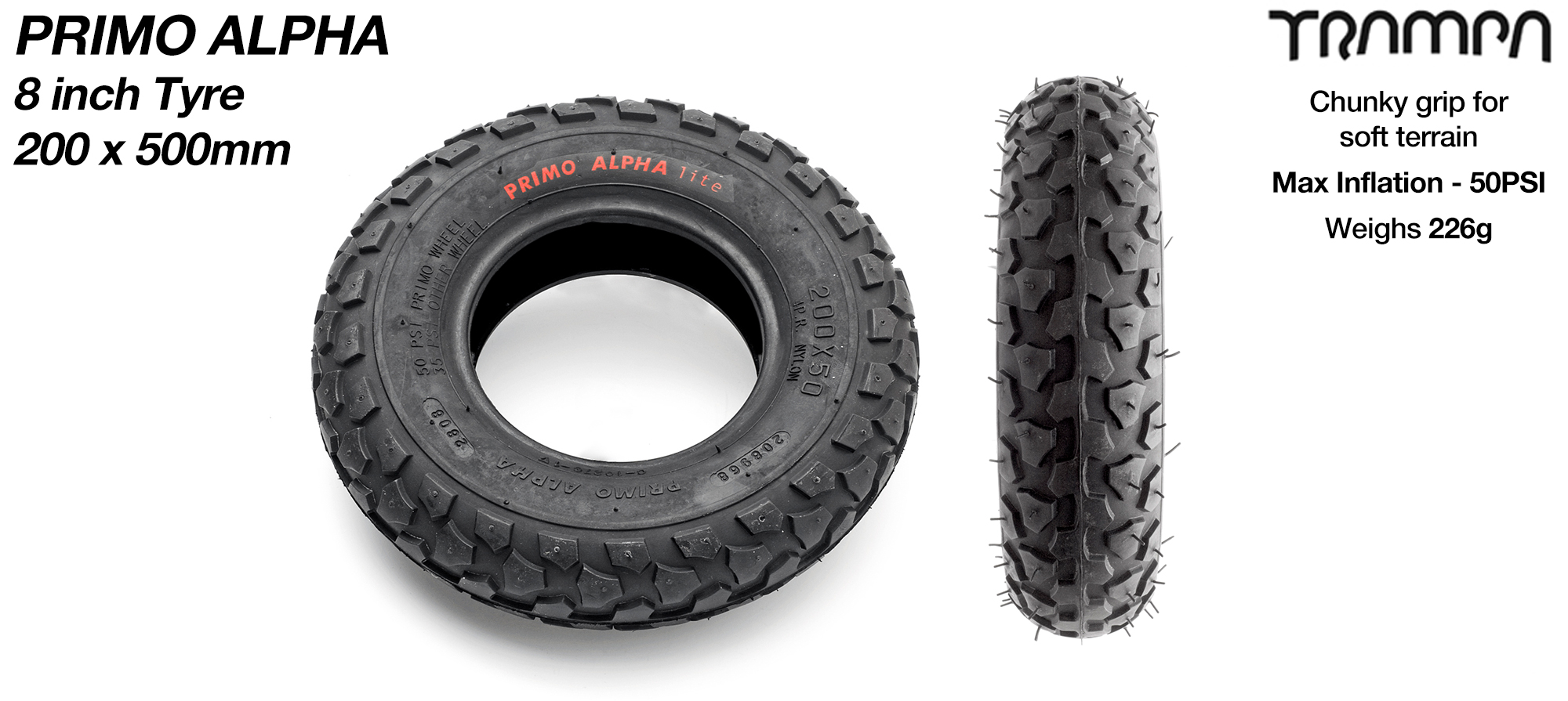 PRIMO ALPHA 8 inch Tyre measure 3.75x 2x 8 Inch or 200x50mm with 3.75 inch Rim fits all 3.75 inch Hubs