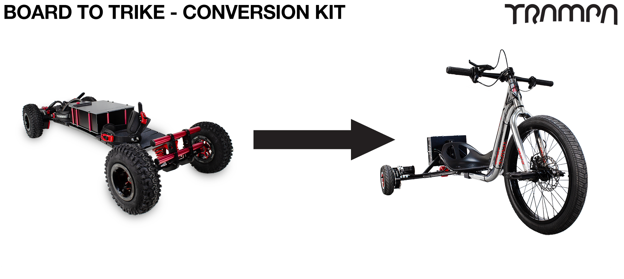 Dirt-E-Trike Complete Board conversion kit will allow you to convert your existing Trampa Electric Mountain Board into a DIRT-E-TRIKE