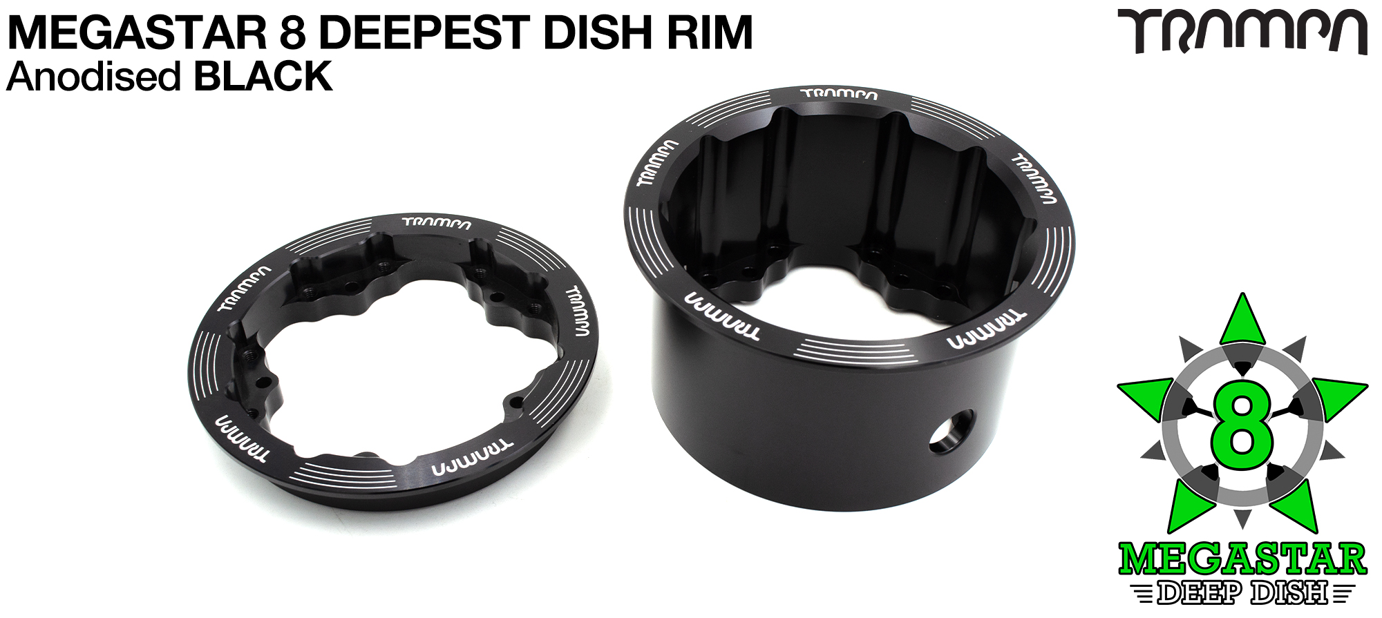 MEGASTAR 8 DEEPEST-DISH Rims Measure 3.75 x 3 Inch. The bearings are positioned OFF-SET widening the wheel base & accept all 3.75 Rim Tyres - Black