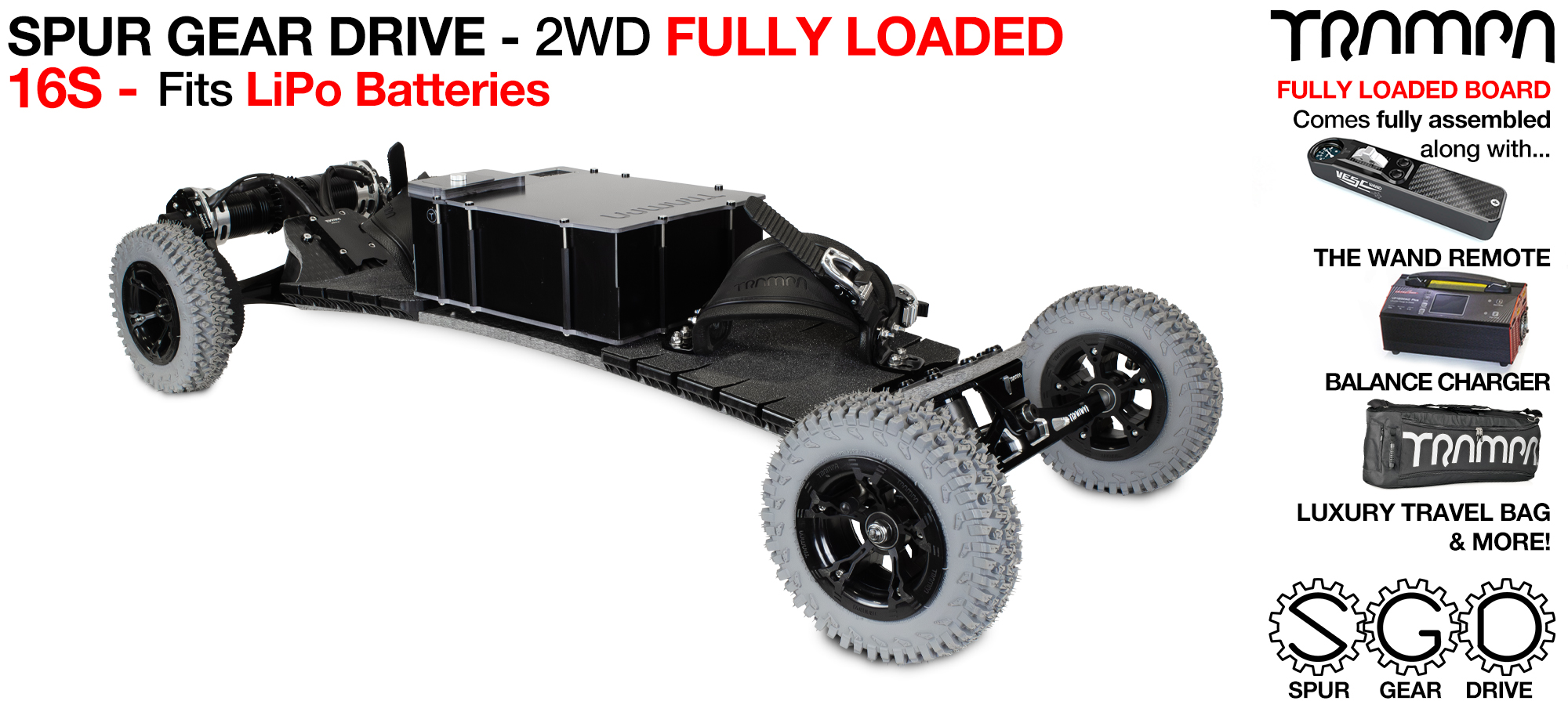 16s 2WD SPUR GEAR DRIVE Electric Mountainboard - FULLY LOADED 16s Li-Po - VESC 6/75, WAND, BMS & 8 amp Brick Charger - TOP SPEED