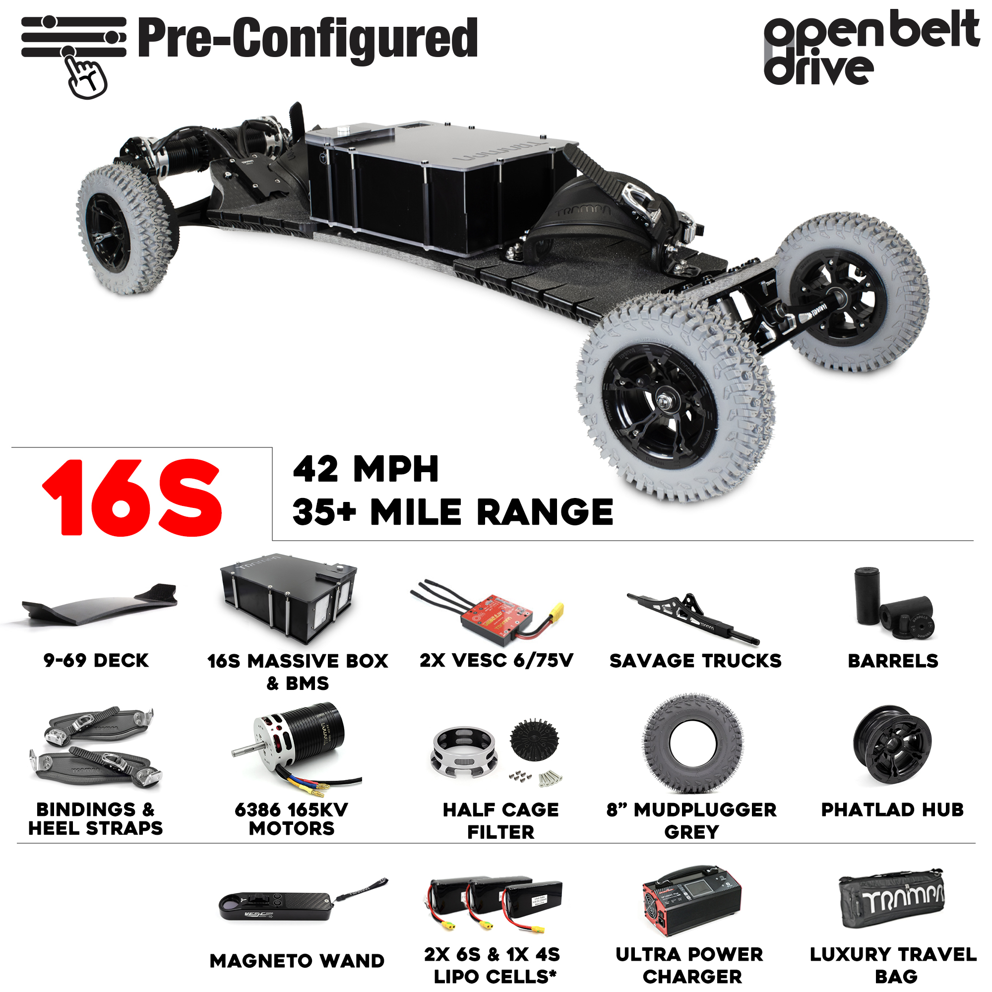 Pre Configured - 16S - Open Belt Drive Electric Mountainboard