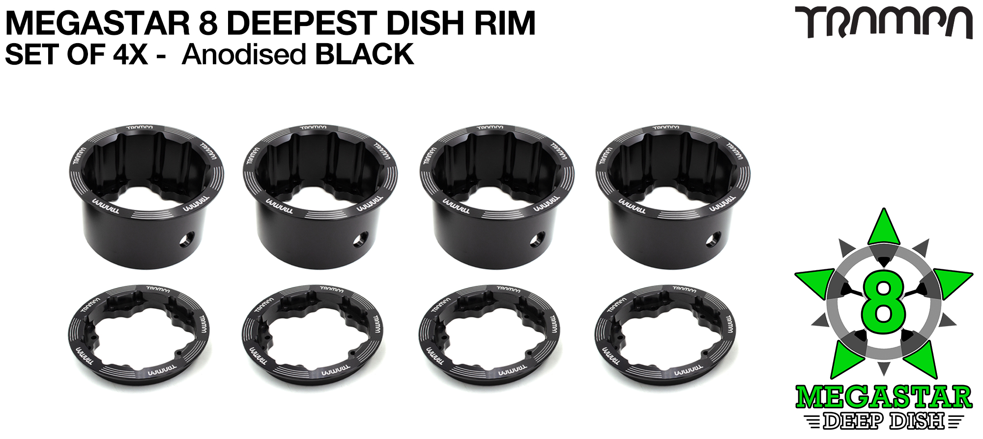 4x MEGASTAR 8 DEEPEST-DISH Rims Measure 3.75 x 2.5 Inch & accept all 3.75 Rim Tyres - Black