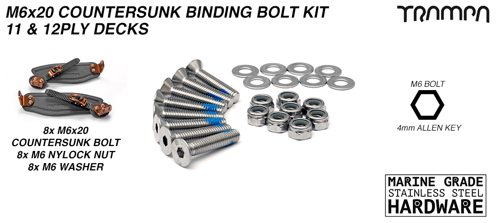 M6 x 20mm Marine Grade Stainless Steel Countersunk Binding Bolt Kit for all 11 & 12ply TRAMPA Decks - NO WINGS 