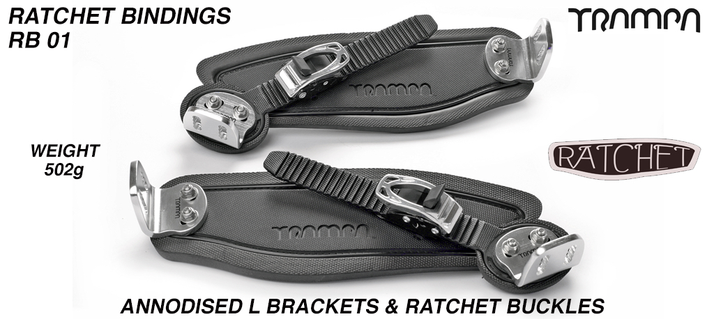 Ratchet Bindings - Black straps on Black Foam with Silver L Brackets & Ratchets