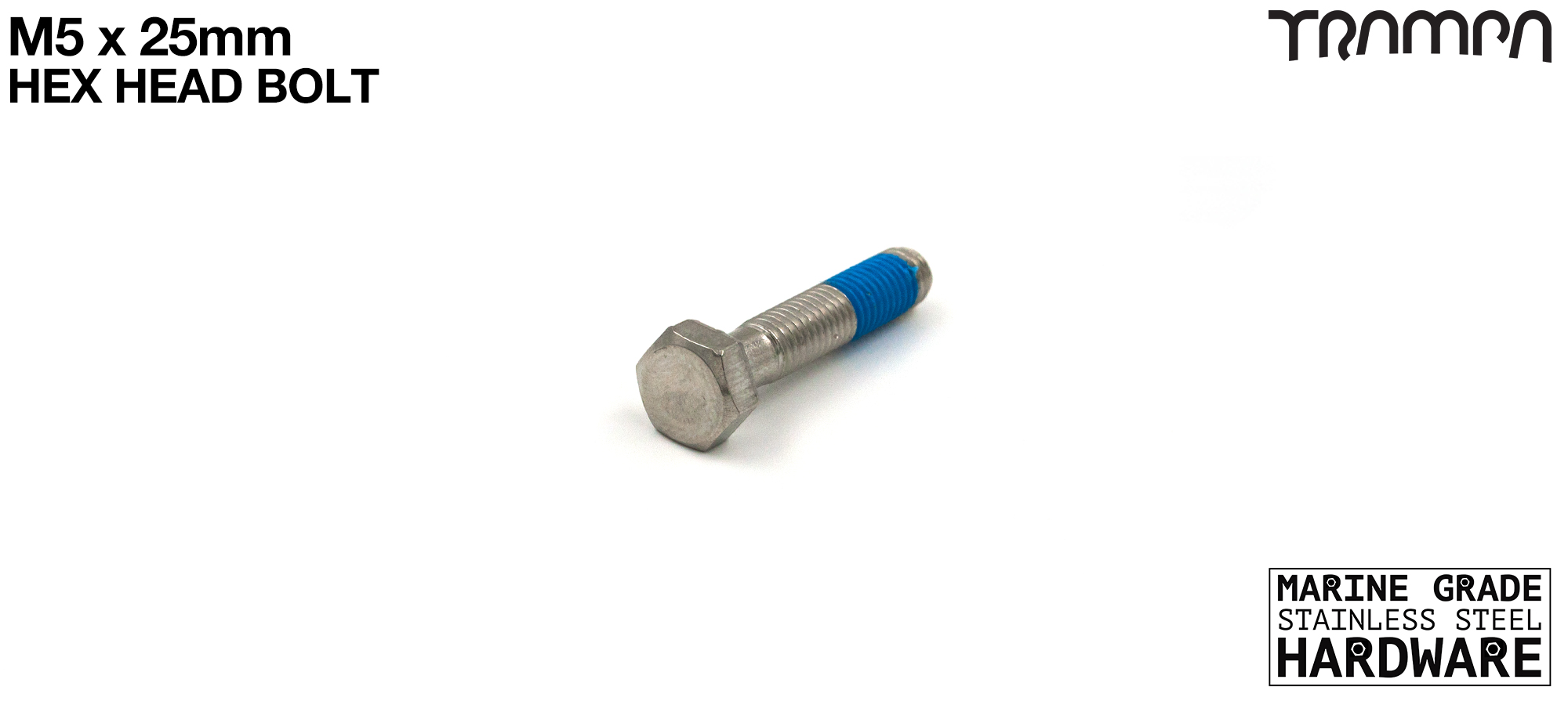 M5 x 25mm HEX Head SHANKED Bolt - Marine Grade Stainless steel with locking paste